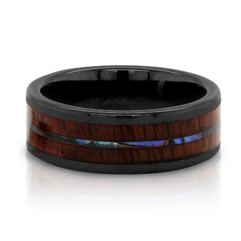 wedding band engagement rings for women-MEN'S BLACK CERAMIC WEDDING BAND WITH KOA WOOD AND ABALONE