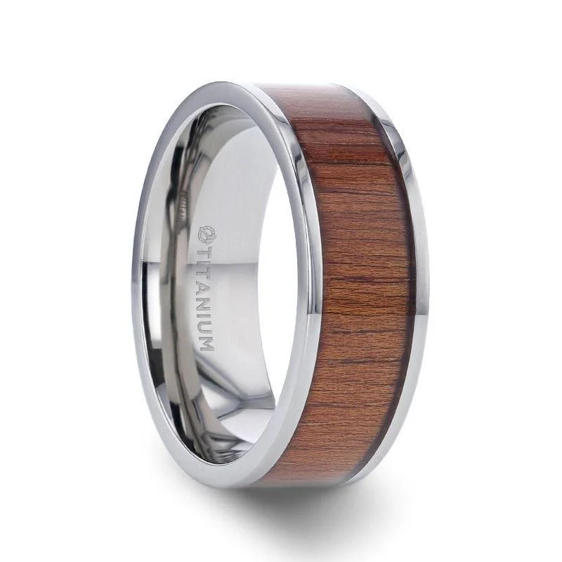 solitaire engagement rings for women-HONUA Flat Titanium Wedding Band with Rare Koa Wood Inlay and Polished Edges - 8mm