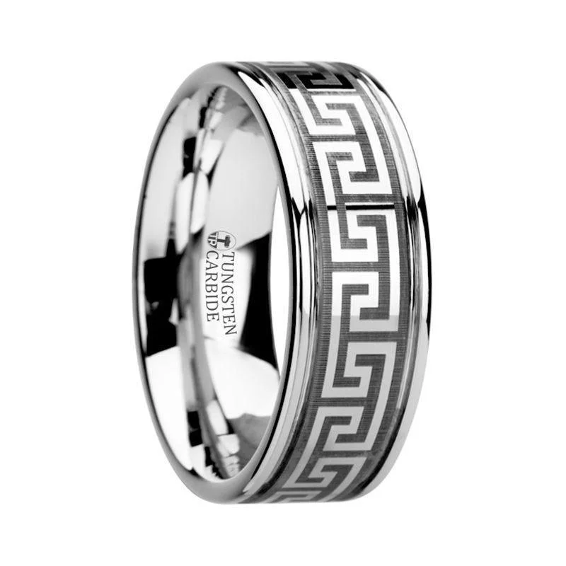 modern solitaire engagement rings for women-THASOS Grooved Tungsten Carbide Wedding Band with Greek Key Meander Design - 8mm