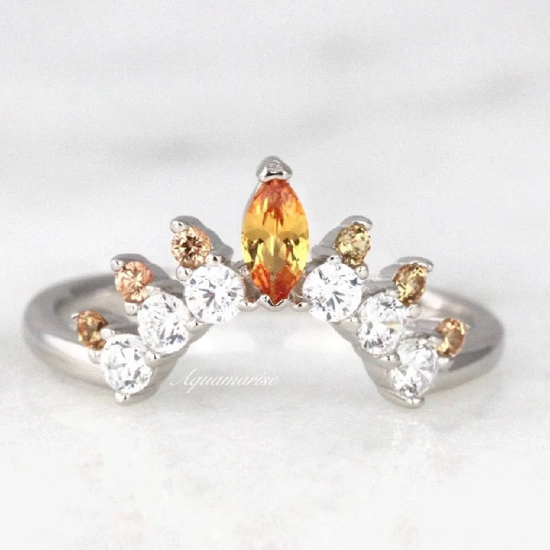 gold engagement rings for women-Tiara Citrine Curved Wedding Band- Sterling Silver