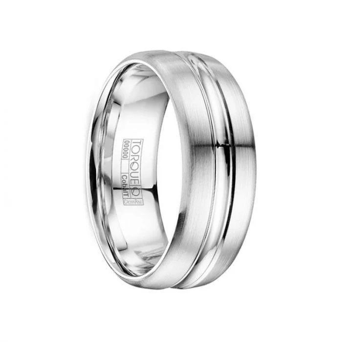 luxury halo engagement rings for women-HAGGAR Brushed & Polished Flat Cobalt Wedding Band with Dual Grooves - 8mm