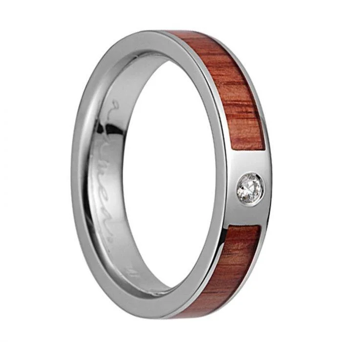 halo diamond engagement rings for women-14K White Gold Flat Wedding Band With Tulip Wood Inlay & 1 Diamond Setting - 4mm