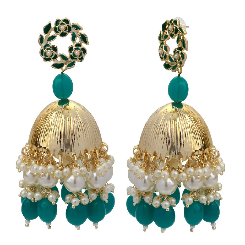 glamorous earrings for women-Mahi Beautifully Dark Green Emelled Pearl Drop Ethnic Floral Jhumka Earring for Women (ER1109819GDGre)