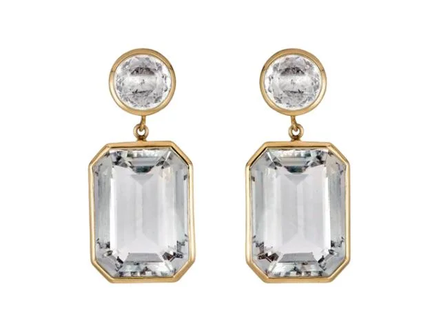 casual earrings for women-18k Yellow Gold White Topaz Bezel Drop Earrings