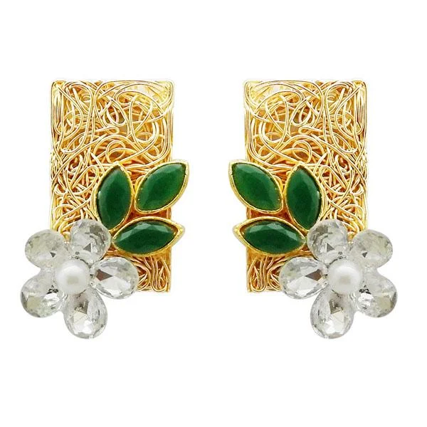 hoop earrings for women-Kriaa Gold Plated Green Resin Stone Floral Dangler Earrings - 1311405H