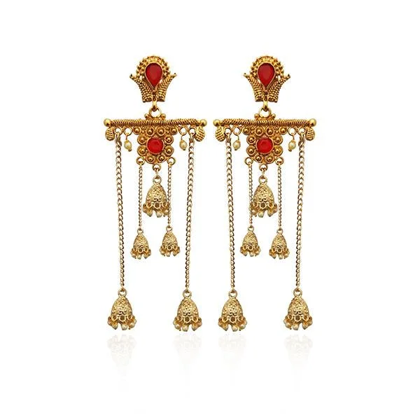 statement drop earrings for women-Kriaa Red Stone Gold Plated Dangler Earrings - 1310562A