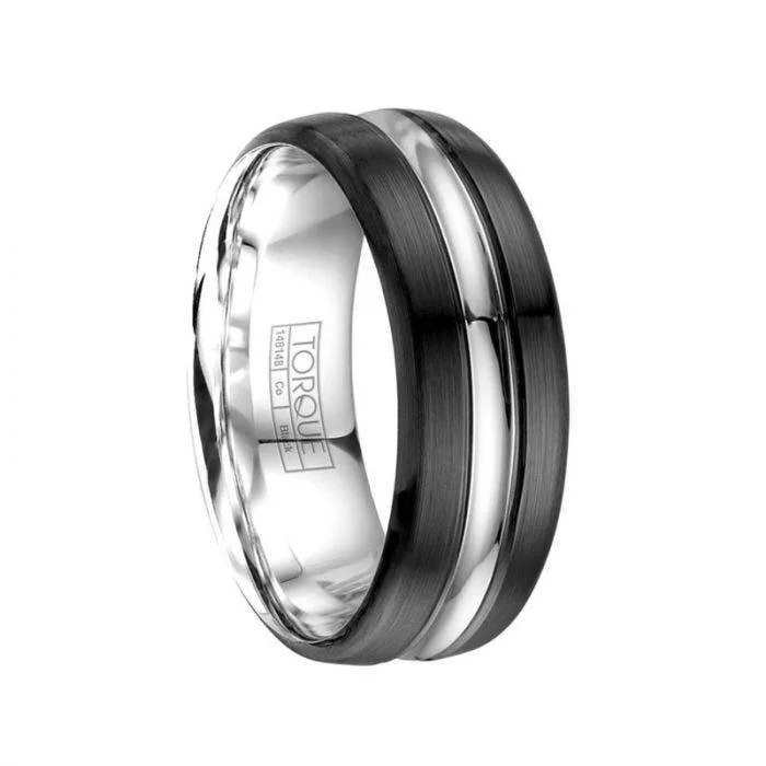 simple engagement rings for women-Men’s Torque Black Cobalt Wedding Band Brushed Finish Center Grooved Accent - 8 mm