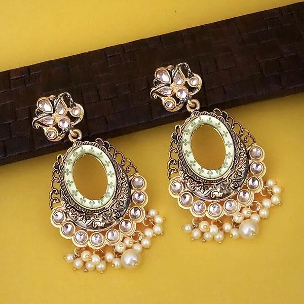 vintage earrings for women-Kriaa Green Meenakari Gold Plated Kundan Dangler Earrings  - 1316338D