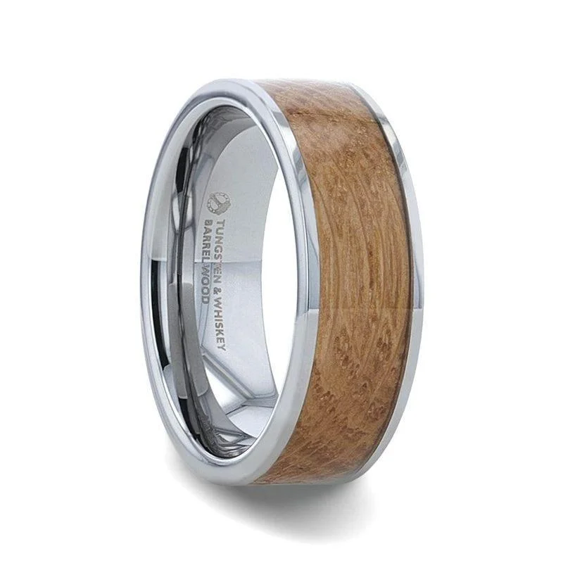 luxury engagement rings for women-MALT Whiskey Barrel Inlaid Tungsten Men's Wedding Band With Flat Polished Edges Made From Genuine Whiskey Barrels - 8mm