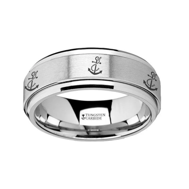 custom design engagement rings for women-Spinning Engraved Artistic Anchor Tungsten Carbide Spinner Wedding Band - 8mm