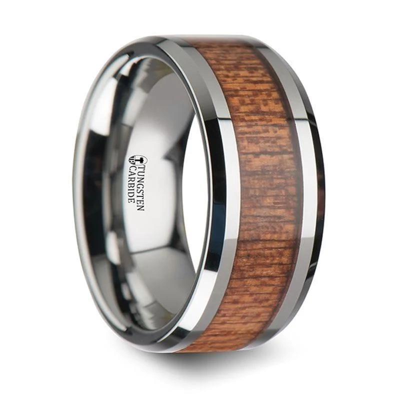 unique engagement rings for women-CONGO Tungsten Wedding Band with Polished Bevels and African Sapele Wood Inlay - 10 mm