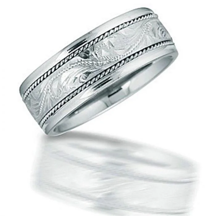 wedding band engagement rings for women-MOLOKAI Novell Hand Engraved Hawaiian Patterned Center Silver Wedding Band - 8mm