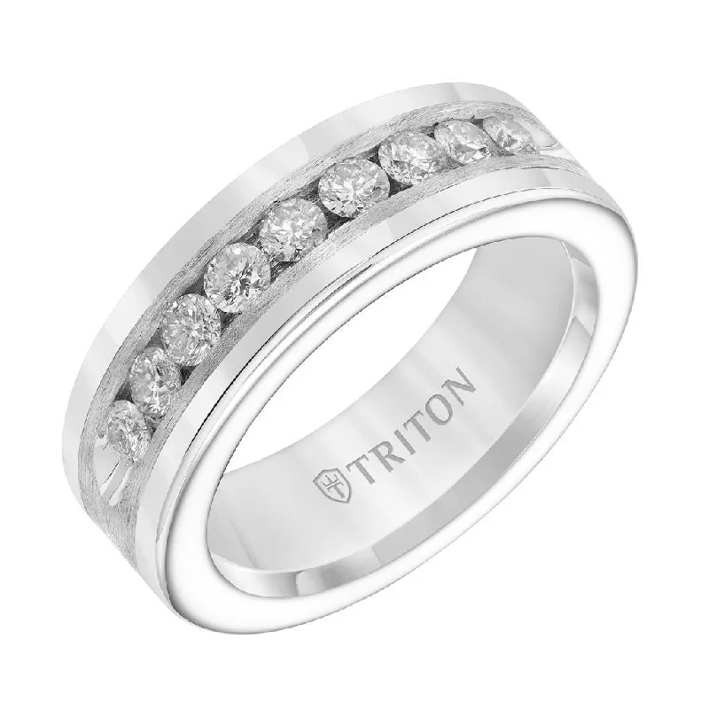 sapphire and diamond engagement rings for women-RENFRED  Flat Tungsten Carbide Wedding Band with Satin Finished Silver Inlay and Large Channel Set Diamonds by Triton Rings - 8 mm