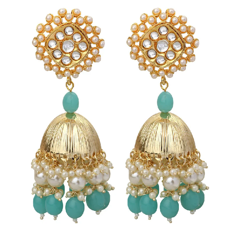 gold drop earrings for women-Mahi Gold Plated Aqua Blue and White Artificial Pearls Indian Traditiol Ethnic Jhumka Earring for Women (ER1109818GABlu)