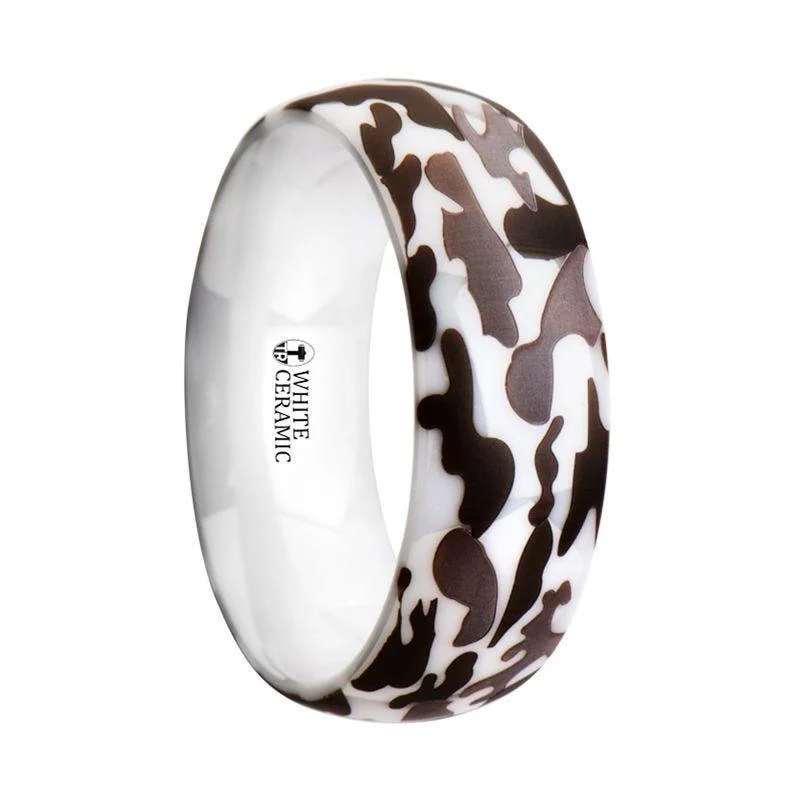 vintage engagement rings for women-STRYKER Camo White Ceramic Wedding Band Domed - 8mm