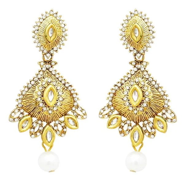 crystal earrings for women-Jheel Stone Gold Plated Pearl Drop Dangler Earrings - 2900235B