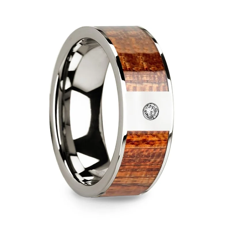 platinum band engagement rings for women-Men’s Polished 14k White Gold Wedding Band with Mahogany Wood Inlay & Diamond - 8mm