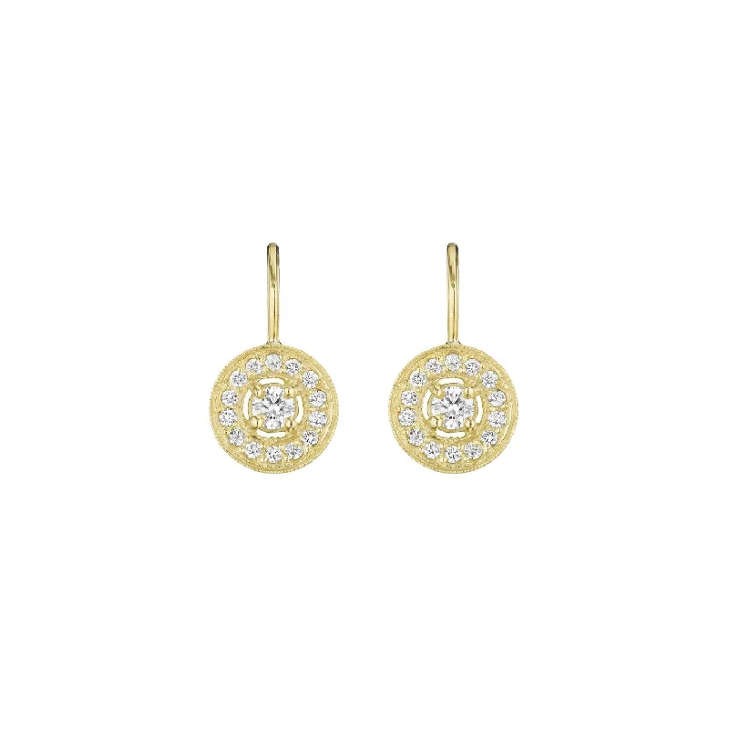 dangly earrings for women-Medium Gold Engraved French Wire & Diamond Earrings