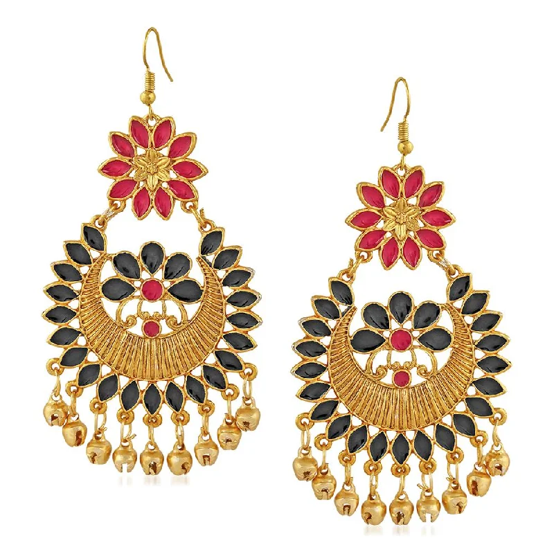 sapphire earrings for women-Mahi Red and Black Meenakari Work Floral Dangler Earrings with Ghungroo for Women(VECJ100217Red)