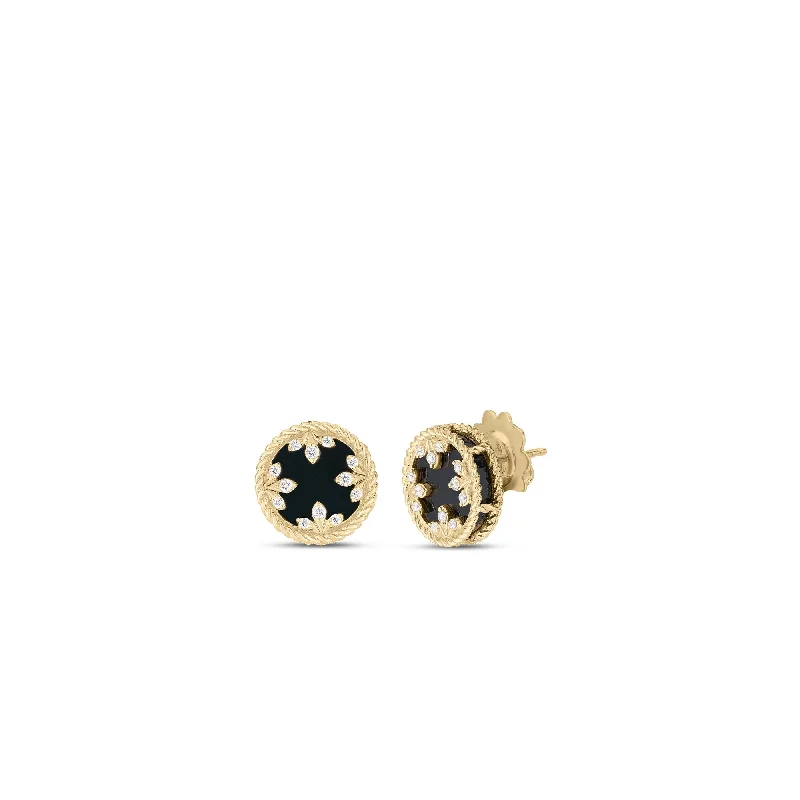 gold-plated earrings for women-Medallions Earrings with Diamond and Black Jade in 18K Yellow Gold