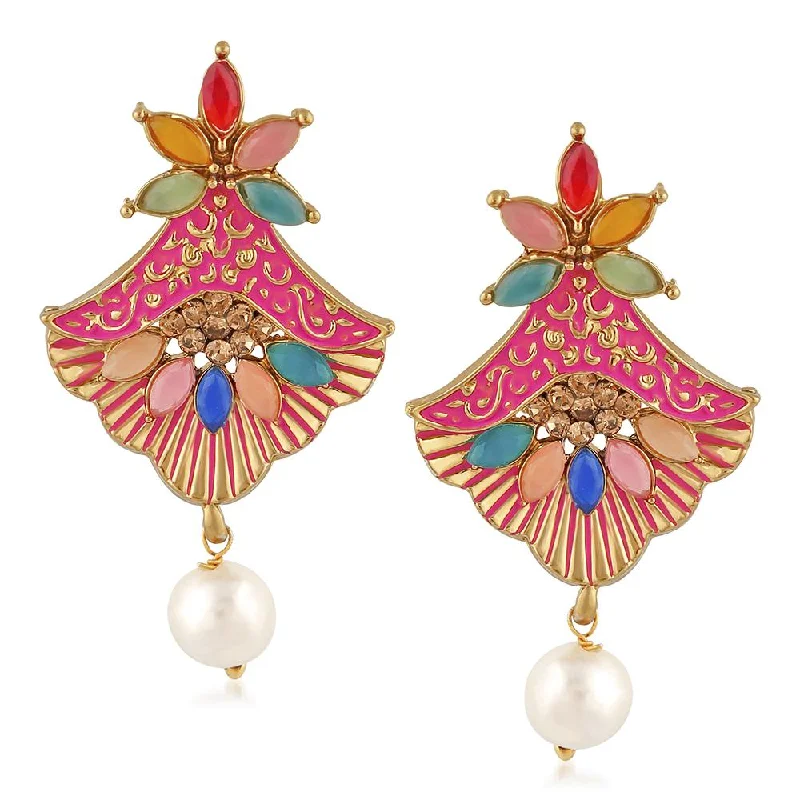 geometric earrings for women-Mahi Meenakari Work Floral Dangler Earrings with Crystal and Artificial Pearl for Womens (ER1109671G)