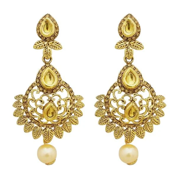 antique earrings for women-Jheel Brown Stone Gold Plated Pearl Drop Dangler Earrings - 2900228A