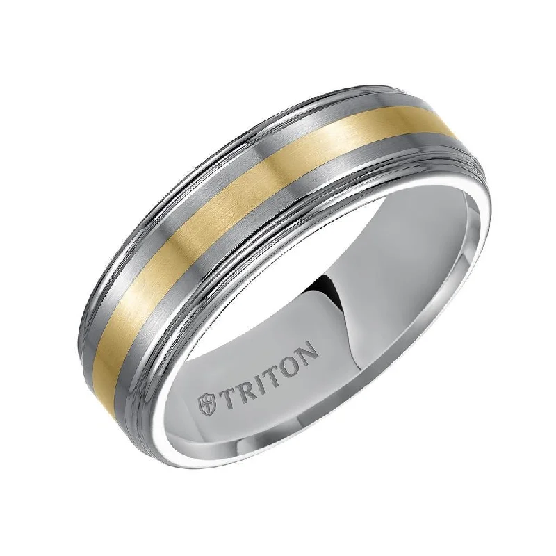 stackable diamond engagement rings for women-EUGENE Raised Brushed Center Tungsten Carbide Wedding Band with Polished Rounded Rims and 18K Gold Inlay by Triton Rings - 7 mm