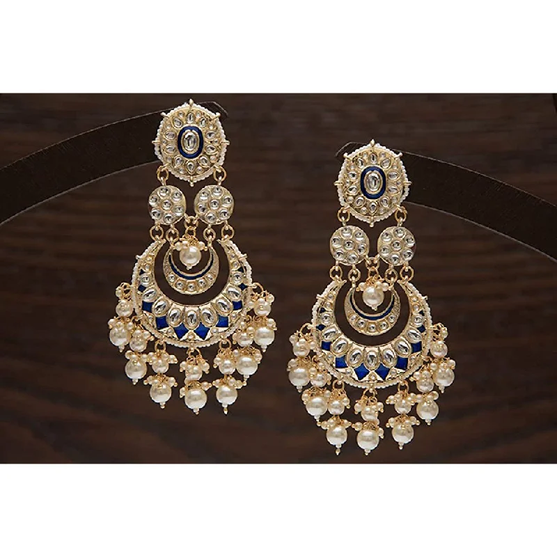 statement earrings for women-Etnico Gold Plated Intricately Designed Traditional Blue Meenakari Earrings Glided With Kundans & Pearls (E3006Bl)