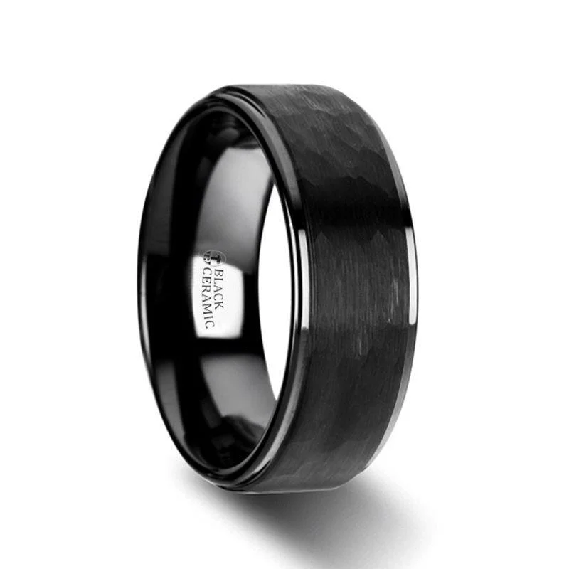 radiant engagement rings for women-WARRIOR Raised Hammer Finish Step Edge Black Ceramic Wedding Band with Brushed Finish - 6mm or 8mm