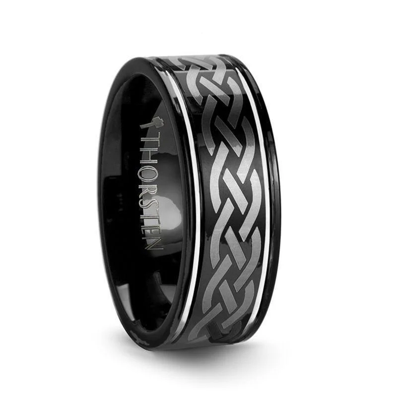 antique style engagement rings for women-KILDARE Celtic Engraved Design Black Tungsten Wedding Band - 8mm