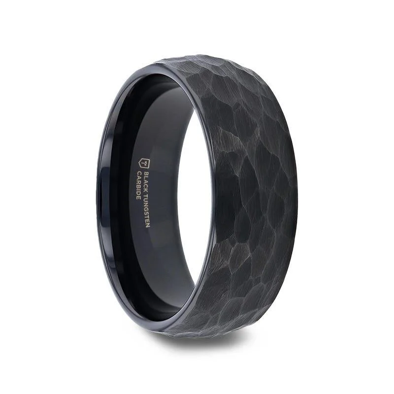 unique engagement rings for women-RENEGADE Domed Hammer Finish Black Tungsten Carbide Wedding Band with Brushed Finish - 6mm or 8mm