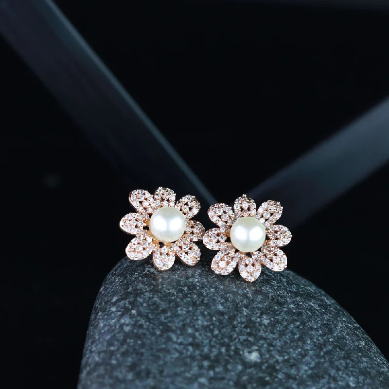 long dangling earrings for women-Etnico Valentine's Special Rose Gold-Plated & White Floral Studs Earrings for Women (E2974)