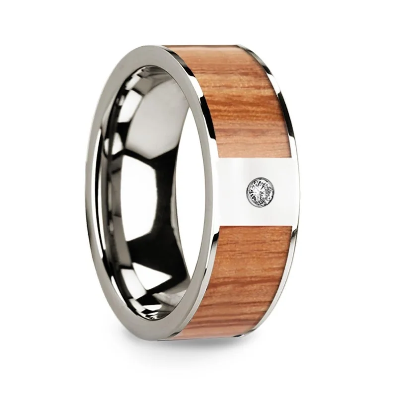 radiant cut engagement rings for women-Polished 14k White Gold Men’s Wedding Band with Red Oak Wood Inlay & Diamond Accent - 8mm