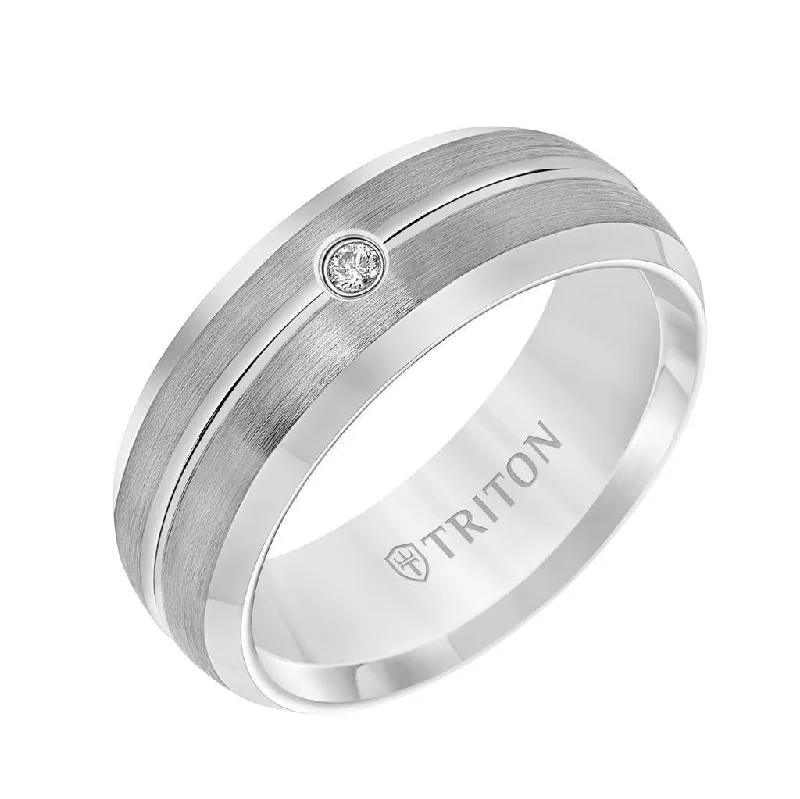 infinity engagement rings for women-RILEY  Satin Finished Tungsten Carbide Wedding Band with Polished Bevels, Center Groove, and Solitaire Diamond Setting by Triton Rings - 8 mm