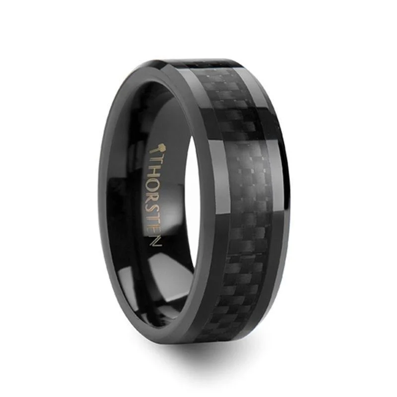 round cut engagement rings for women-ONYX Black Carbon Fiber Inlaid Black Ceramic Wedding Band - 4mm - 12mm