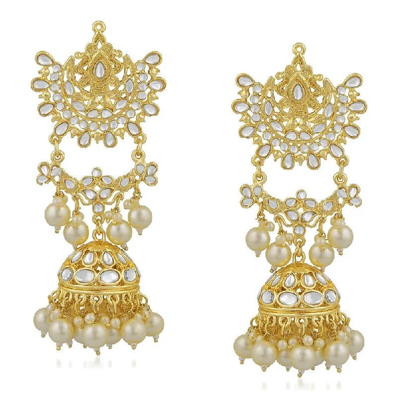 simple earrings for women-Mahi Ethnic Gold Plated White Kundan Long Dangler Jhumki Earring For Women VECJ100195