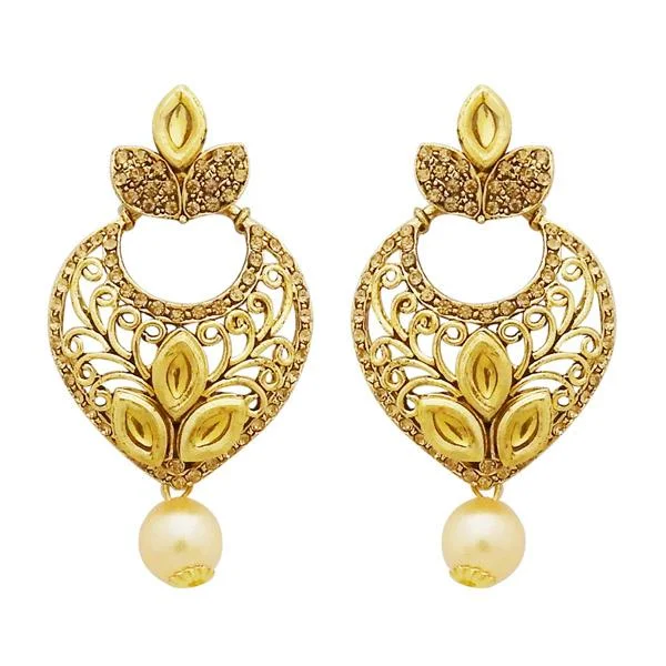 boho earrings for women-Jheel Stone Gold Plated Pearl Drop Dangler Earrings - 2900218A