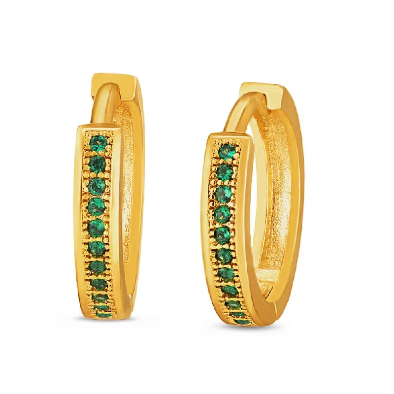 sapphire stud earrings for women-Mahi Gold plated Big Single line Green CZ stone Huggies Hoops Earrings for Women