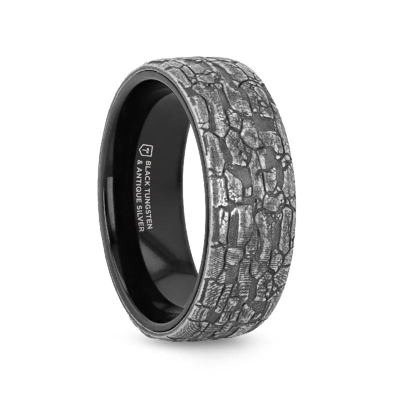 luxury engagement rings for women-BROOKSTONE Black Tungsten Wedding Band with Sterling Silver Stonework Pattern - 8mm