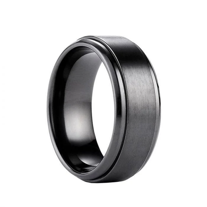 unique wedding engagement rings for women-DOYLE Benchmark Raised Center Satin Finish Black Titanium Wedding Band- 9mm