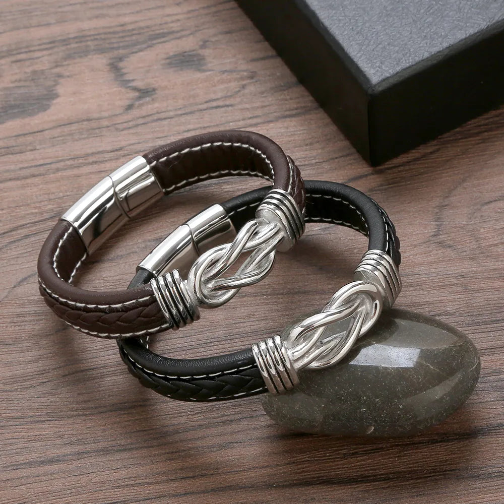 custom bangles for women-Punk Simple Style Knot Stainless Steel Pu Leather Men'S Bangle