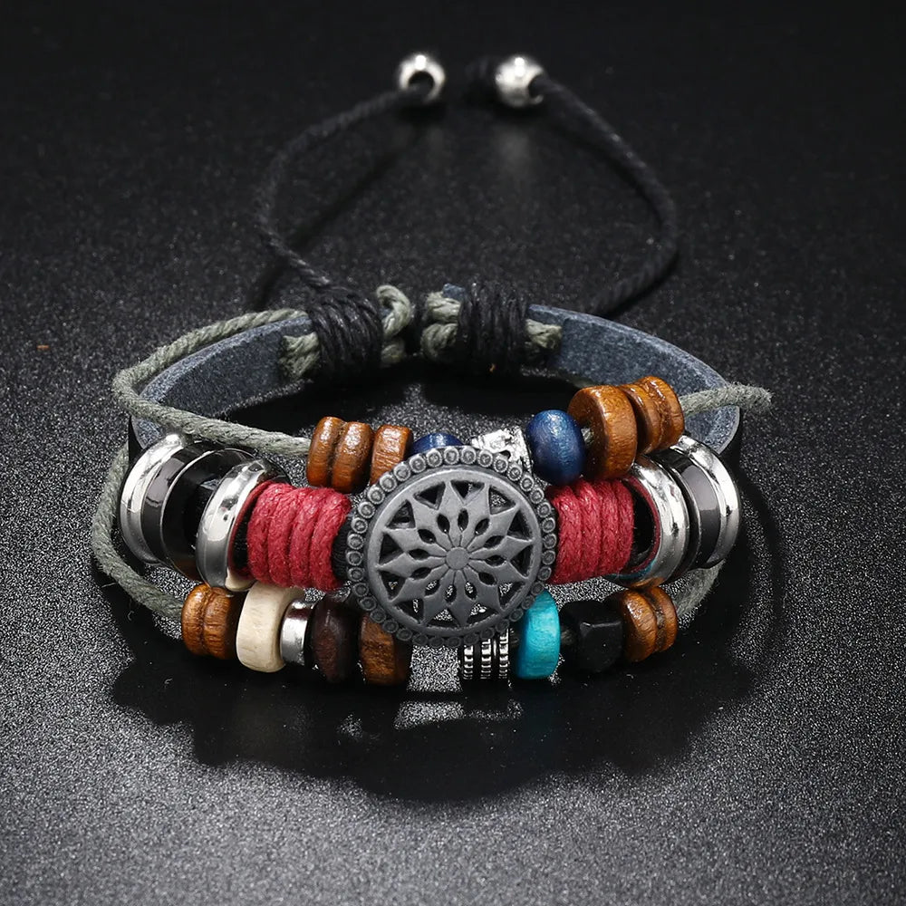 engraved bangles for women-Retro Geometric Alloy Wooden Beads Cowhide Handmade Unisex Bracelets