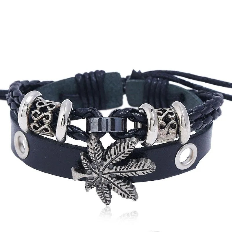 multi-layer bracelets for women-Alloy Maple Leather Beaded Bracelet For Men