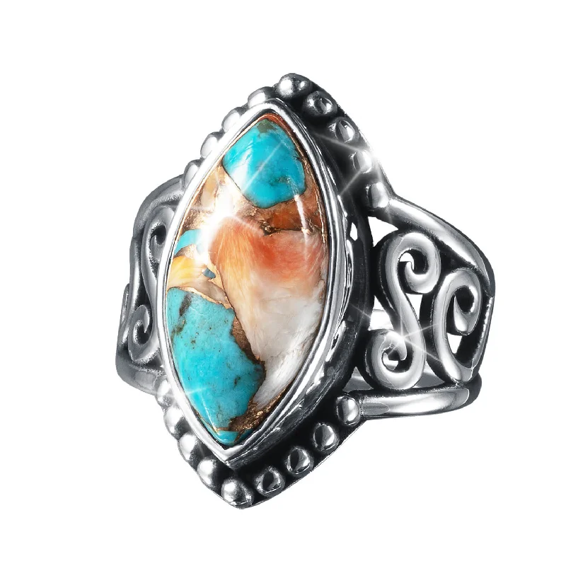 carved rings for women-Pacific Turquoise & Spiny Oyster Ladies Ring