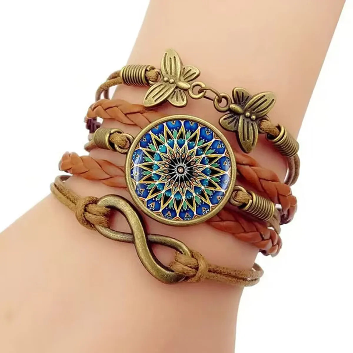 trendy bracelets for women-Retro Infinity Flower Butterfly Pu Leather Layered Inlay Glass Unisex Bangle