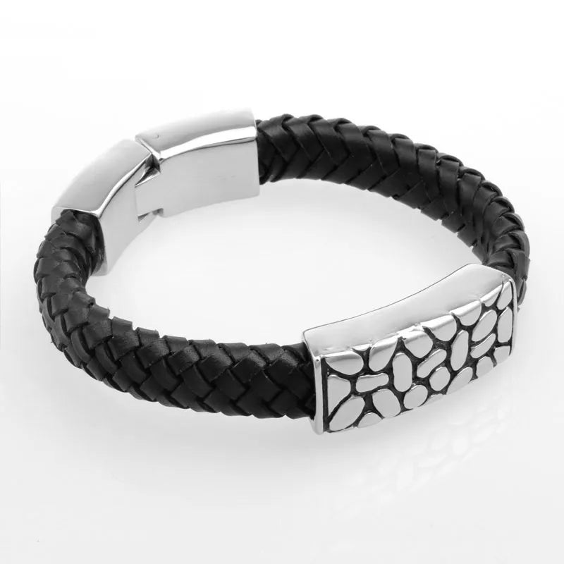 chain bracelets for women-Retro Color Block Pu Leather Titanium Steel Irregular Men'S Bangle