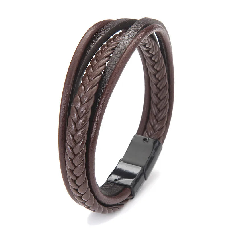 simple cuff bracelets for women-Fashion Simple Black Brown Leather Rope Woven Magnet Bracelet