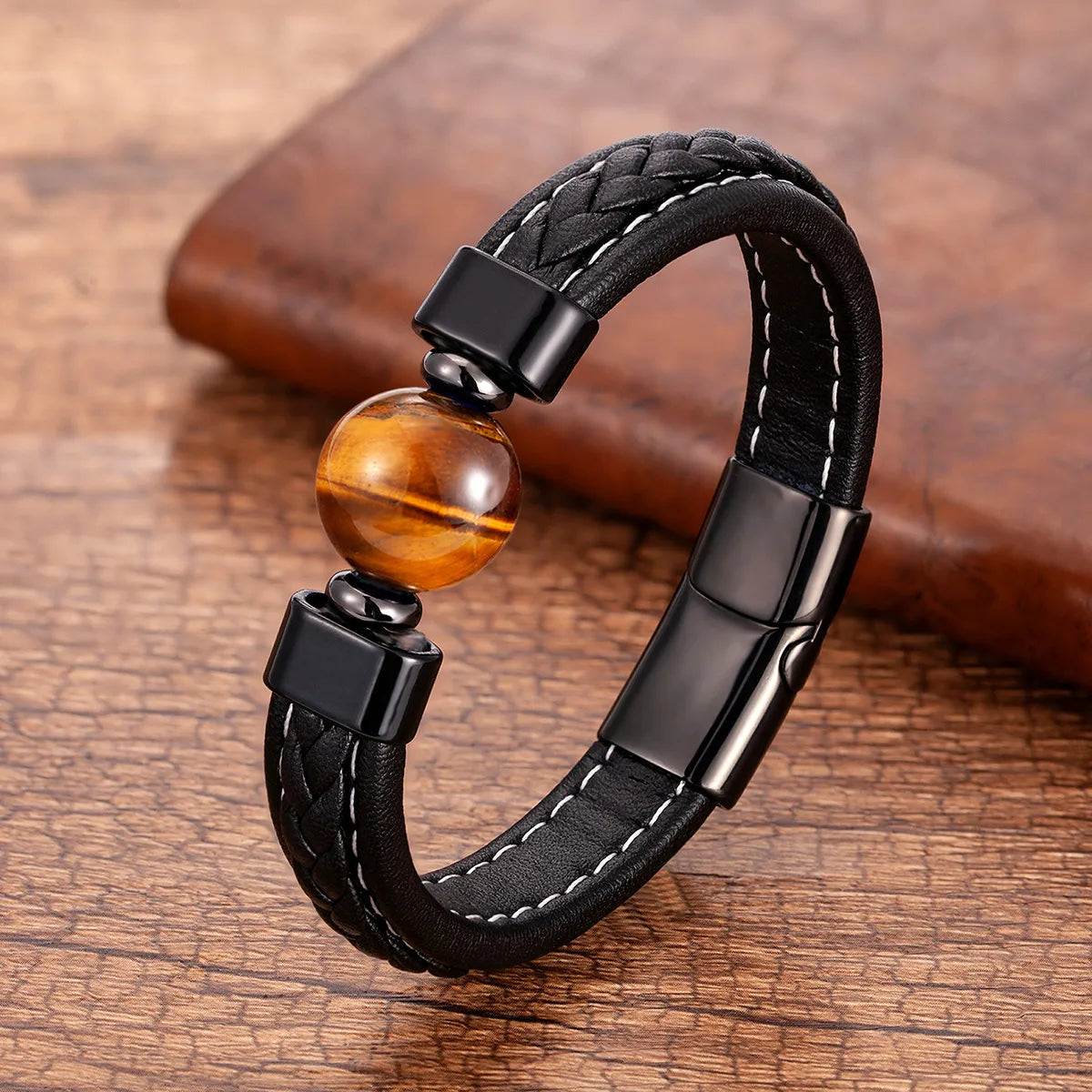 hand-crafted bracelets for women-Classic Style Round Natural Stone Agate Tiger Eye Round Men'S Bangle