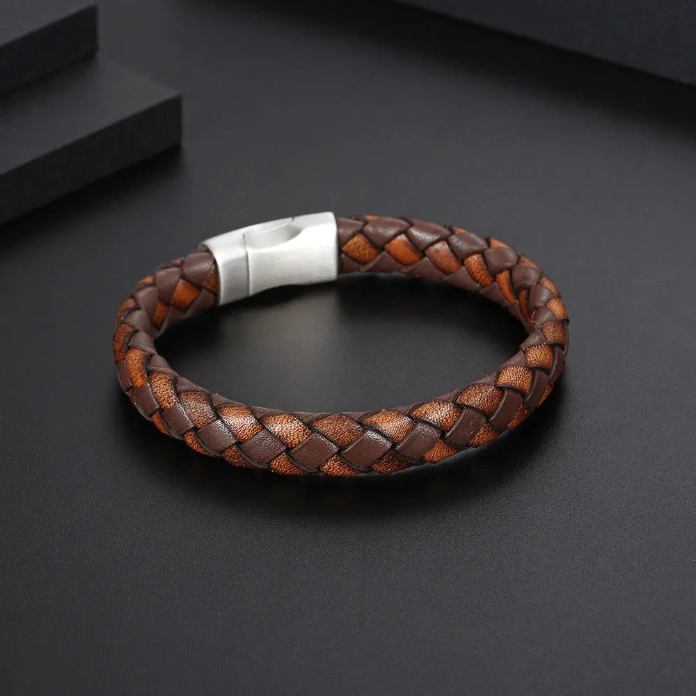 adjustable bracelets for women-Classic Style Commute Color Block 304 Stainless Steel Pu Leather Braid Men'S Bangle