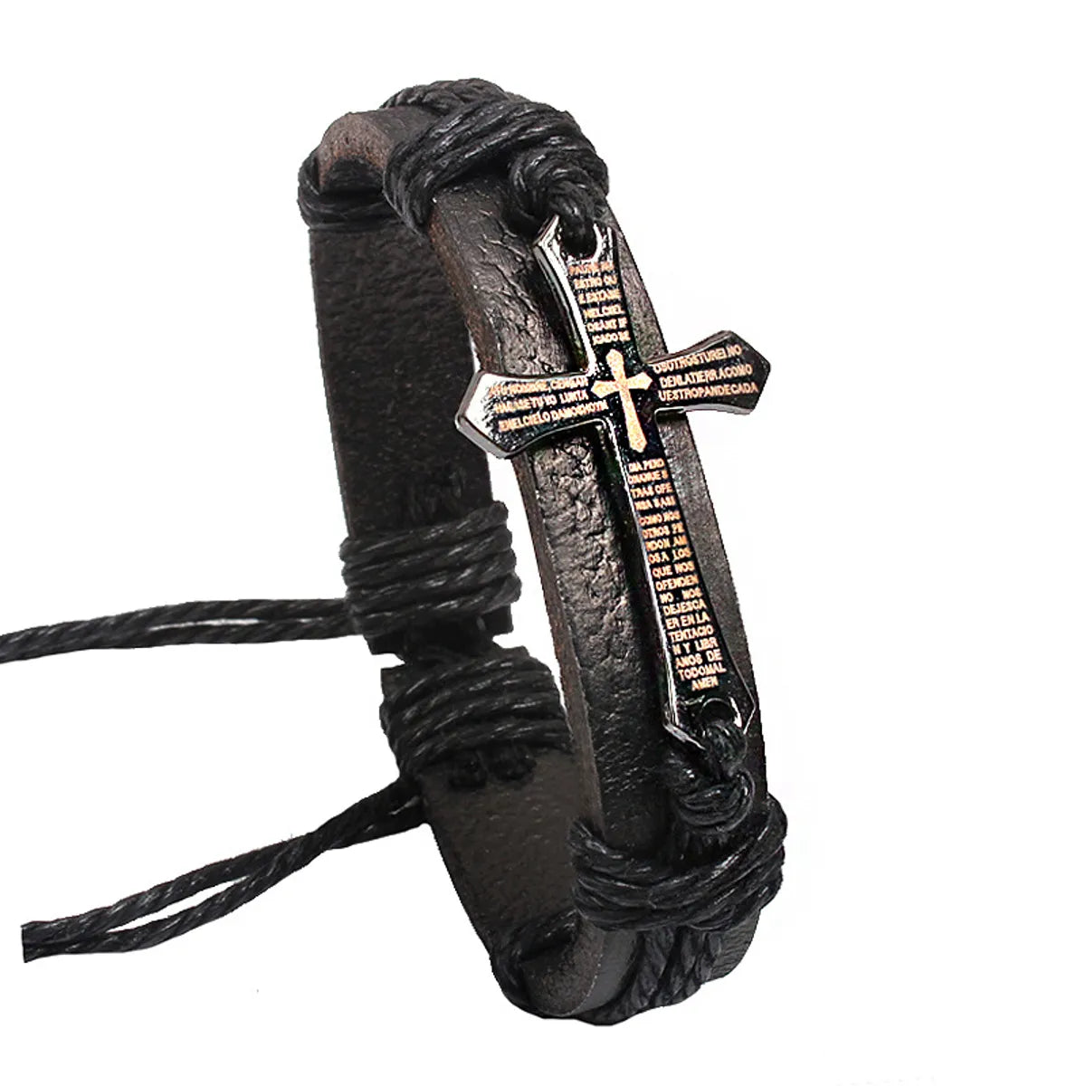 stretchable bangles for women-Jewelry Retro Cross Metal Punk Letter Engraving Leather Alloy Bracelet